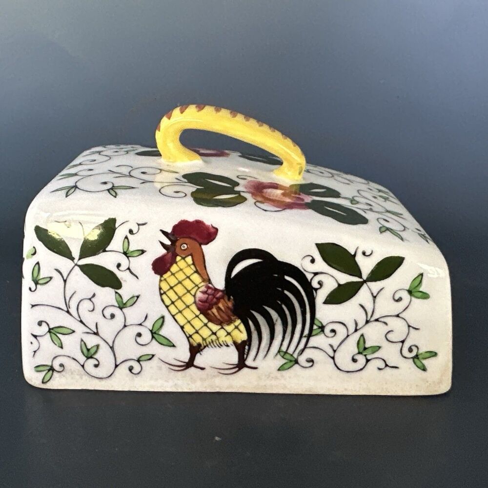 VTG Ucagco Early Provincial Wide Butter Dish Lid Rooster Roses Replacement Japan